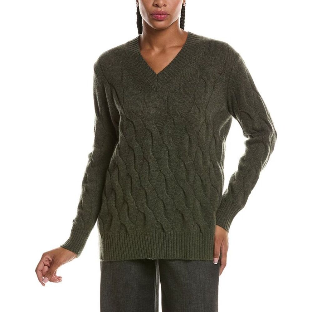 Forte Cashmere Womens  Long Cable V-Neck Cashmere Sweater, Green